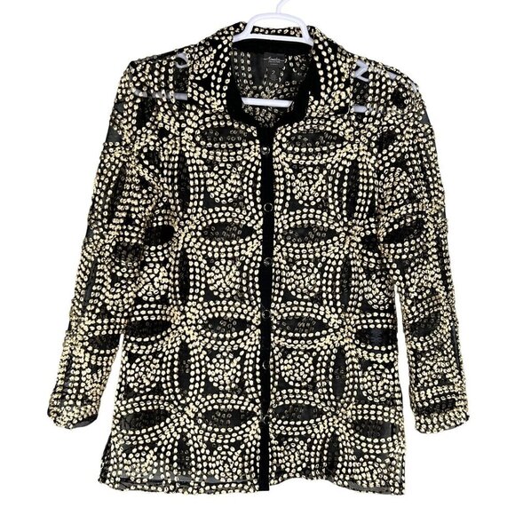 Chicos Travelers Collection 2/ L Black Sheer Gold Needle Stitch Button Up Jacket - Picture 6 of 16